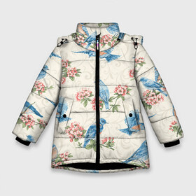 Зимняя куртка для девочек 3D с принтом Синие птицы в Новосибирске, ткань верха — 100% полиэстер; подклад — 100% полиэстер, утеплитель — 100% полиэстер. | длина ниже бедра, удлиненная спинка, воротник стойка и отстегивающийся капюшон. Есть боковые карманы с листочкой на кнопках, утяжки по низу изделия и внутренний карман на молнии. 

Предусмотрены светоотражающий принт на спинке, радужный светоотражающий элемент на пуллере молнии и на резинке для утяжки. | арт | вектор | ветка | ветки | жёлтый | зеленый | птица | птицы | рисунок | рисунок карандашом | розовый | синий | цветок | цветочная ветка | цветочные ветки | цветы