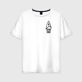 Женская футболка хлопок Oversize с принтом Стартрек в Новосибирске, 100% хлопок | свободный крой, круглый ворот, спущенный рукав, длина до линии бедер
 | джим кирк | корабль | космос | спок | энтерпрайз