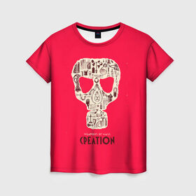 Женская футболка 3D с принтом Оружие массового созидания в Новосибирске, 100% полиэфир ( синтетическое хлопкоподобное полотно) | прямой крой, круглый вырез горловины, длина до линии бедер | креатив | креативное | кэжуал | оружие | противогаз | с надписями | химия