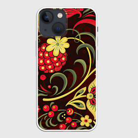 Чехол для iPhone 13 mini с принтом Хохлома в Новосибирске,  |  | арт | вектор | желтый | зеленый | золотой | красный | малина | народный рисунок | рисунок | хохлома | цветок | цветы | чёрный | ягода | ягоды