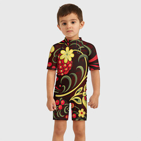 Детский купальный костюм 3D с принтом Хохлома в Новосибирске, Полиэстер 85%, Спандекс 15% | застежка на молнии на спине | арт | вектор | желтый | зеленый | золотой | красный | малина | народный рисунок | рисунок | хохлома | цветок | цветы | чёрный | ягода | ягоды