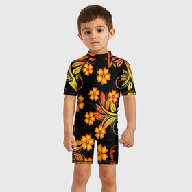 Детский купальный костюм 3D с принтом Хохлома в Новосибирске, Полиэстер 85%, Спандекс 15% | застежка на молнии на спине | арт | вектор | желтый | золотой | красный | народный рисунок | рисунок | хохлома | цветок | цветы | чёрный