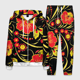 Мужской костюм 3D с принтом Хохлома в Новосибирске, 100% полиэстер | Манжеты и пояс оформлены тканевой резинкой, двухслойный капюшон со шнурком для регулировки, карманы спереди | арт | вектор | желтый | золотой | красный | народный рисунок | рисунок | хохлома | цветок | цветы | чёрный