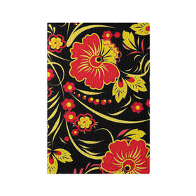 Обложка для паспорта матовая кожа с принтом Хохлома в Новосибирске, натуральная матовая кожа | размер 19,3 х 13,7 см; прозрачные пластиковые крепления | арт | вектор | желтый | золотой | красный | народный рисунок | рисунок | хохлома | цветок | цветы | чёрный