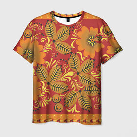 Мужская футболка 3D с принтом Хохлома в Новосибирске, 100% полиэфир | прямой крой, круглый вырез горловины, длина до линии бедер | Тематика изображения на принте: арт | вектор | желтый | зеленый | золотой | красный | народный рисунок | оранжевый | рисунок | хохлома | цветок | цветы | чёрный