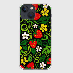 Чехол для iPhone 13 mini с принтом Хохлома в Новосибирске,  |  | арт | вектор | желтый | зеленый | золотой | клубника | красный | народный рисунок | рисунок | хохлома | цветок | цветы | чёрный | ягода | ягоды