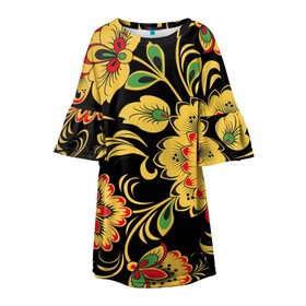 Детское платье 3D с принтом Хохлома в Новосибирске, 100% полиэстер | прямой силуэт, чуть расширенный к низу. Круглая горловина, на рукавах — воланы | арт | вектор | желтый | зеленый | золотой | красный | народный рисунок | рисунок | хохлома | цветок | цветы | чёрный