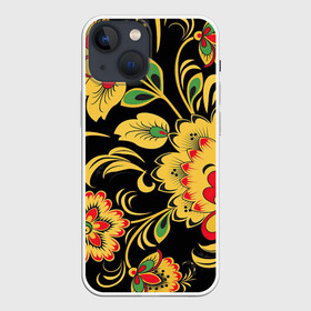 Чехол для iPhone 13 mini с принтом Хохлома в Новосибирске,  |  | арт | вектор | желтый | зеленый | золотой | красный | народный рисунок | рисунок | хохлома | цветок | цветы | чёрный