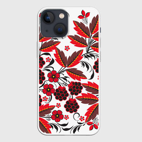 Чехол для iPhone 13 mini с принтом Хохлома в Новосибирске,  |  | арт | белый | вектор | красный | народный рисунок | рисунок | хохлома | цветок | цветы | чёрный | ягода | ягоды