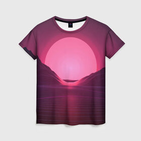 Женская футболка 3D с принтом Фиолетовый закат в Новосибирске, 100% полиэфир ( синтетическое хлопкоподобное полотно) | прямой крой, круглый вырез горловины, длина до линии бедер | кибер закат