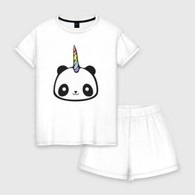 Женская пижама с шортиками хлопок с принтом Панда-единорог в Новосибирске, 100% хлопок | футболка прямого кроя, шорты свободные с широкой мягкой резинкой | единорог | милая пандочка | панда | панда единорог | панда единорожка | панда с рогом | пандочка | пандочка единорог | пандочка единорожка