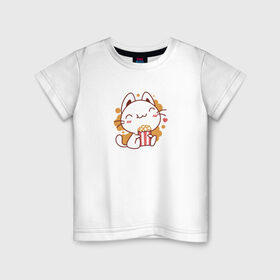Детская футболка хлопок с принтом Поп-корн и кот в Новосибирске, 100% хлопок | круглый вырез горловины, полуприлегающий силуэт, длина до линии бедер | popcorn | кино | кот | кошка | поп корн | попкорн