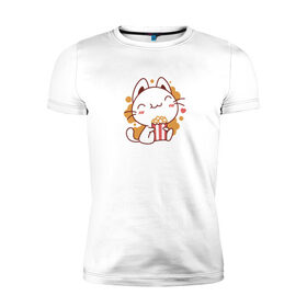 Мужская футболка хлопок Slim с принтом Поп-корн и кот в Новосибирске, 92% хлопок, 8% лайкра | приталенный силуэт, круглый вырез ворота, длина до линии бедра, короткий рукав | Тематика изображения на принте: popcorn | кино | кот | кошка | поп корн | попкорн
