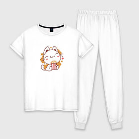 Женская пижама хлопок с принтом Поп-корн и кот в Новосибирске, 100% хлопок | брюки и футболка прямого кроя, без карманов, на брюках мягкая резинка на поясе и по низу штанин | popcorn | кино | кот | кошка | поп корн | попкорн