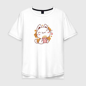 Мужская футболка хлопок Oversize с принтом Поп-корн и кот в Новосибирске, 100% хлопок | свободный крой, круглый ворот, “спинка” длиннее передней части | Тематика изображения на принте: popcorn | кино | кот | кошка | поп корн | попкорн