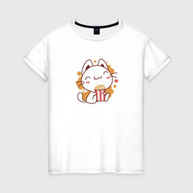 Женская футболка хлопок с принтом Поп-корн и кот в Новосибирске, 100% хлопок | прямой крой, круглый вырез горловины, длина до линии бедер, слегка спущенное плечо | popcorn | кино | кот | кошка | поп корн | попкорн