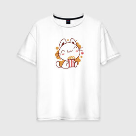 Женская футболка хлопок Oversize с принтом Поп-корн и кот в Новосибирске, 100% хлопок | свободный крой, круглый ворот, спущенный рукав, длина до линии бедер
 | popcorn | кино | кот | кошка | поп корн | попкорн