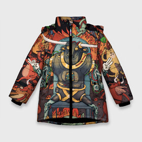 Зимняя куртка для девочек 3D с принтом Dance Gavin Dance -Afterburner в Новосибирске, ткань верха — 100% полиэстер; подклад — 100% полиэстер, утеплитель — 100% полиэстер. | длина ниже бедра, удлиненная спинка, воротник стойка и отстегивающийся капюшон. Есть боковые карманы с листочкой на кнопках, утяжки по низу изделия и внутренний карман на молнии. 

Предусмотрены светоотражающий принт на спинке, радужный светоотражающий элемент на пуллере молнии и на резинке для утяжки. | afterburner | alternative | animals | bull | cover | dance | gavin | metal | music | rock | альтернатива | бык | животные | метал | механизм | музыка | обложка | робот | рок | форсаж