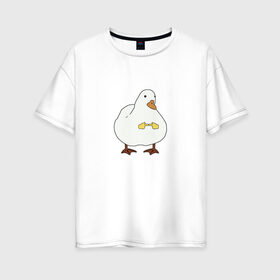 Женская футболка хлопок Oversize с принтом Shy duck в Новосибирске, 100% хлопок | свободный крой, круглый ворот, спущенный рукав, длина до линии бедер
 | duck | mem | застенчивая утка | мем | милая утка | прикол | птица | утка | юмор