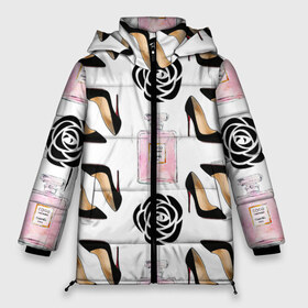 Женская зимняя куртка 3D с принтом Фешн-паттерн в Новосибирске, верх — 100% полиэстер; подкладка — 100% полиэстер; утеплитель — 100% полиэстер | длина ниже бедра, силуэт Оверсайз. Есть воротник-стойка, отстегивающийся капюшон и ветрозащитная планка. 

Боковые карманы с листочкой на кнопках и внутренний карман на молнии | духи | мода | паттерн | роза | сиреневый | туфли | фешн | черный