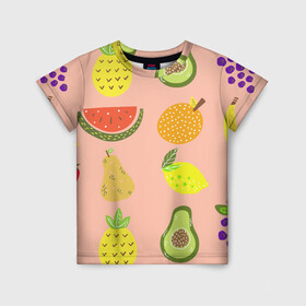 Детская футболка 3D с принтом Фруктики в Новосибирске, 100% гипоаллергенный полиэфир | прямой крой, круглый вырез горловины, длина до линии бедер, чуть спущенное плечо, ткань немного тянется | авокадо | ананас | апельсин | арбуз | виноград | груша | лимон | фрукт