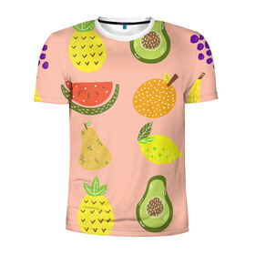 Мужская футболка 3D спортивная с принтом Фруктики в Новосибирске, 100% полиэстер с улучшенными характеристиками | приталенный силуэт, круглая горловина, широкие плечи, сужается к линии бедра | Тематика изображения на принте: авокадо | ананас | апельсин | арбуз | виноград | груша | лимон | фрукт