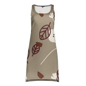 Платье-майка 3D с принтом Цветочный принт в Новосибирске, 100% полиэстер | полуприлегающий силуэт, широкие бретели, круглый вырез горловины, удлиненный подол сзади. | бежевый | белый | коричневый | лист | природа | тепло | уют | цветы