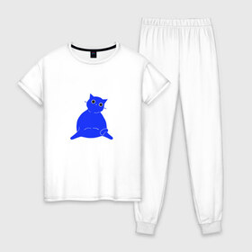 Женская пижама хлопок с принтом Толстый котик в Новосибирске, 100% хлопок | брюки и футболка прямого кроя, без карманов, на брюках мягкая резинка на поясе и по низу штанин | cat | животные | кот | котик | кошка | милград | милый | питомец | рисунок | синий кот | толстый котик