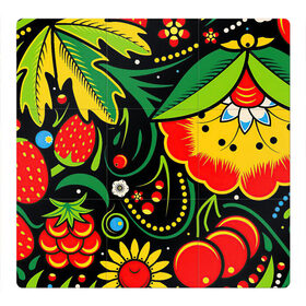 Магнитный плакат 3Х3 с принтом Хохлома в Новосибирске, Полимерный материал с магнитным слоем | 9 деталей размером 9*9 см | арт | вектор | желтый | зеленый | золотой | клубника | клюква | красный | малина | народный рисунок | рисунок | хохлома | цветок | цветы | чёрный | ягода | ягоды