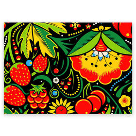 Поздравительная открытка с принтом Хохлома в Новосибирске, 100% бумага | плотность бумаги 280 г/м2, матовая, на обратной стороне линовка и место для марки
 | арт | вектор | желтый | зеленый | золотой | клубника | клюква | красный | малина | народный рисунок | рисунок | хохлома | цветок | цветы | чёрный | ягода | ягоды