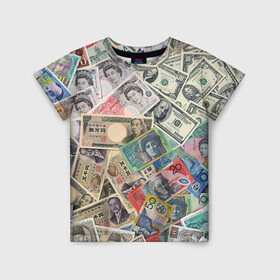 Детская футболка 3D с принтом Деньги в Новосибирске, 100% гипоаллергенный полиэфир | прямой крой, круглый вырез горловины, длина до линии бедер, чуть спущенное плечо, ткань немного тянется | Тематика изображения на принте: арт | банкноты | валюта | деньги | доллары | зеленый | иена | красный | серый | синий | фунт стерлингов | юани