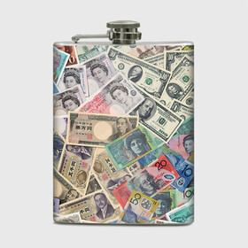 Фляга с принтом Деньги в Новосибирске, металлический корпус | емкость 0,22 л, размер 125 х 94 мм. Виниловая наклейка запечатывается полностью | арт | банкноты | валюта | деньги | доллары | зеленый | иена | красный | серый | синий | фунт стерлингов | юани