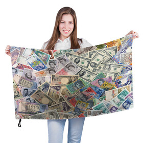 Флаг 3D с принтом Деньги в Новосибирске, 100% полиэстер | плотность ткани — 95 г/м2, размер — 67 х 109 см. Принт наносится с одной стороны | арт | банкноты | валюта | деньги | доллары | зеленый | иена | красный | серый | синий | фунт стерлингов | юани