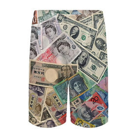 Детские спортивные шорты 3D с принтом Деньги в Новосибирске,  100% полиэстер
 | пояс оформлен широкой мягкой резинкой, ткань тянется
 | Тематика изображения на принте: арт | банкноты | валюта | деньги | доллары | зеленый | иена | красный | серый | синий | фунт стерлингов | юани