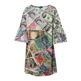 Детское платье 3D с принтом Деньги в Новосибирске, 100% полиэстер | прямой силуэт, чуть расширенный к низу. Круглая горловина, на рукавах — воланы | арт | банкноты | валюта | деньги | доллары | зеленый | иена | красный | серый | синий | фунт стерлингов | юани