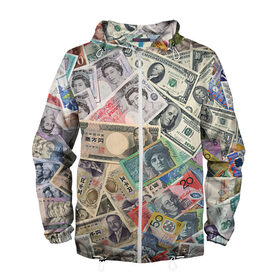 Мужская ветровка 3D с принтом Деньги в Новосибирске, 100% полиэстер | подол и капюшон оформлены резинкой с фиксаторами, два кармана без застежек по бокам, один потайной карман на груди | арт | банкноты | валюта | деньги | доллары | зеленый | иена | красный | серый | синий | фунт стерлингов | юани