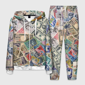 Мужской костюм 3D с принтом Деньги в Новосибирске, 100% полиэстер | Манжеты и пояс оформлены тканевой резинкой, двухслойный капюшон со шнурком для регулировки, карманы спереди | арт | банкноты | валюта | деньги | доллары | зеленый | иена | красный | серый | синий | фунт стерлингов | юани