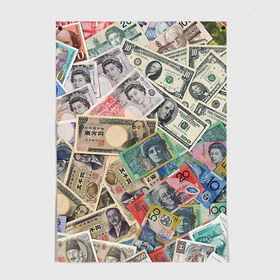 Постер с принтом Деньги в Новосибирске, 100% бумага
 | бумага, плотность 150 мг. Матовая, но за счет высокого коэффициента гладкости имеет небольшой блеск и дает на свету блики, но в отличии от глянцевой бумаги не покрыта лаком | арт | банкноты | валюта | деньги | доллары | зеленый | иена | красный | серый | синий | фунт стерлингов | юани