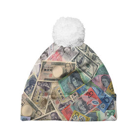 Шапка 3D c помпоном с принтом Деньги в Новосибирске, 100% полиэстер | универсальный размер, печать по всей поверхности изделия | арт | банкноты | валюта | деньги | доллары | зеленый | иена | красный | серый | синий | фунт стерлингов | юани