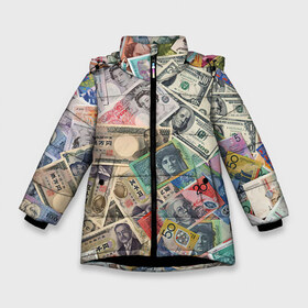 Зимняя куртка для девочек 3D с принтом Деньги в Новосибирске, ткань верха — 100% полиэстер; подклад — 100% полиэстер, утеплитель — 100% полиэстер. | длина ниже бедра, удлиненная спинка, воротник стойка и отстегивающийся капюшон. Есть боковые карманы с листочкой на кнопках, утяжки по низу изделия и внутренний карман на молнии. 

Предусмотрены светоотражающий принт на спинке, радужный светоотражающий элемент на пуллере молнии и на резинке для утяжки. | арт | банкноты | валюта | деньги | доллары | зеленый | иена | красный | серый | синий | фунт стерлингов | юани