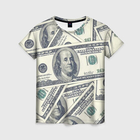 Женская футболка 3D с принтом Доллары в Новосибирске, 100% полиэфир ( синтетическое хлопкоподобное полотно) | прямой крой, круглый вырез горловины, длина до линии бедер | 100 долларов | арт | банкноты | валюта | деньги | доллары | зеленый | зелень | сто | сто долларов