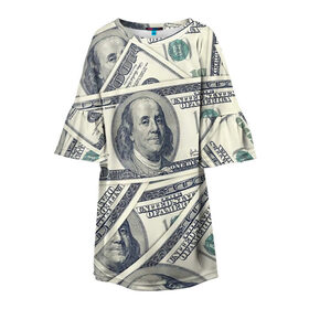 Детское платье 3D с принтом Доллары в Новосибирске, 100% полиэстер | прямой силуэт, чуть расширенный к низу. Круглая горловина, на рукавах — воланы | 100 долларов | арт | банкноты | валюта | деньги | доллары | зеленый | зелень | сто | сто долларов