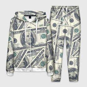 Мужской костюм 3D с принтом Доллары в Новосибирске, 100% полиэстер | Манжеты и пояс оформлены тканевой резинкой, двухслойный капюшон со шнурком для регулировки, карманы спереди | 100 долларов | арт | банкноты | валюта | деньги | доллары | зеленый | зелень | сто | сто долларов