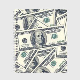 Тетрадь с принтом Доллары в Новосибирске, 100% бумага | 48 листов, плотность листов — 60 г/м2, плотность картонной обложки — 250 г/м2. Листы скреплены сбоку удобной пружинной спиралью. Уголки страниц и обложки скругленные. Цвет линий — светло-серый
 | Тематика изображения на принте: 100 долларов | арт | банкноты | валюта | деньги | доллары | зеленый | зелень | сто | сто долларов