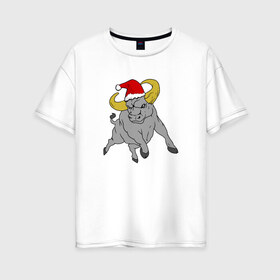 Женская футболка хлопок Oversize с принтом Новогодний Бык в Новосибирске, 100% хлопок | свободный крой, круглый ворот, спущенный рукав, длина до линии бедер
 | christmas | new year | winter | буйвол | бык | бычок | дед мороз | дикий | животные | звери | зима | зимний | знак зодиака | зодиак | колпак | корова | лошадь | мультяшный | новый год | подарок | праздник | рождество