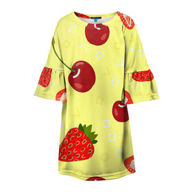 Детское платье 3D с принтом Черешня и клубника в Новосибирске, 100% полиэстер | прямой силуэт, чуть расширенный к низу. Круглая горловина, на рукавах — воланы | арт | вишня | жёлтый | зеленый | клубника | красный | рисунок | черешня | ягода