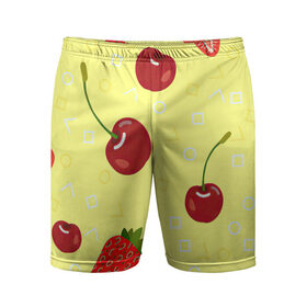 Мужские шорты спортивные с принтом Черешня и клубника в Новосибирске,  |  | Тематика изображения на принте: арт | вишня | жёлтый | зеленый | клубника | красный | рисунок | черешня | ягода