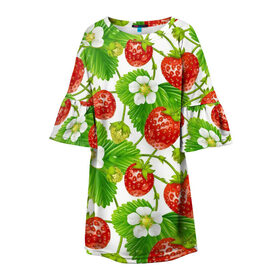 Детское платье 3D с принтом Земляника в Новосибирске, 100% полиэстер | прямой силуэт, чуть расширенный к низу. Круглая горловина, на рукавах — воланы | арт | белые цветы | белый | белый цветок | зеленый | земляника | клубника | красный | лесная ягода | лесные ягоды | листва | листья | растение | рисунок | цветок | цветы