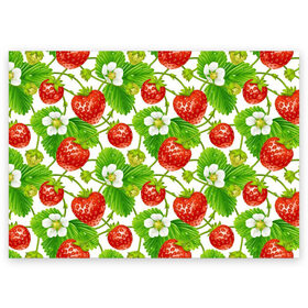 Поздравительная открытка с принтом Земляника в Новосибирске, 100% бумага | плотность бумаги 280 г/м2, матовая, на обратной стороне линовка и место для марки
 | Тематика изображения на принте: арт | белые цветы | белый | белый цветок | зеленый | земляника | клубника | красный | лесная ягода | лесные ягоды | листва | листья | растение | рисунок | цветок | цветы