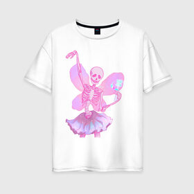 Женская футболка хлопок Oversize с принтом жизнерадостный скелет в Новосибирске, 100% хлопок | свободный крой, круглый ворот, спущенный рукав, длина до линии бедер
 | веселый | крылья | магия | пастель | позитив | розовый | скелет | скелетон | фея